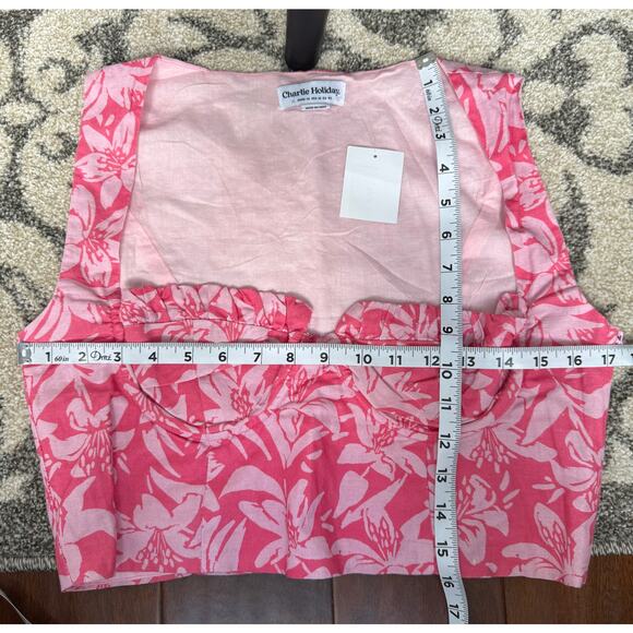 Charlie Holiday Pink Floral Tropical Hibiscus Crop Top size XL - Picture 9 of 14